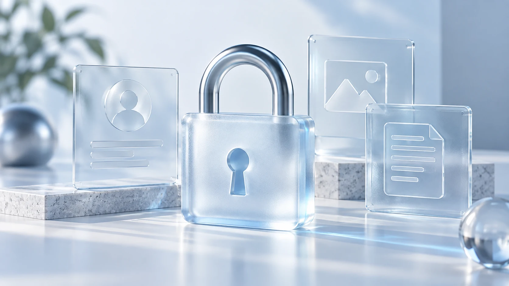 Conceptual illustration of a frosted glass padlock beside translucent data panels