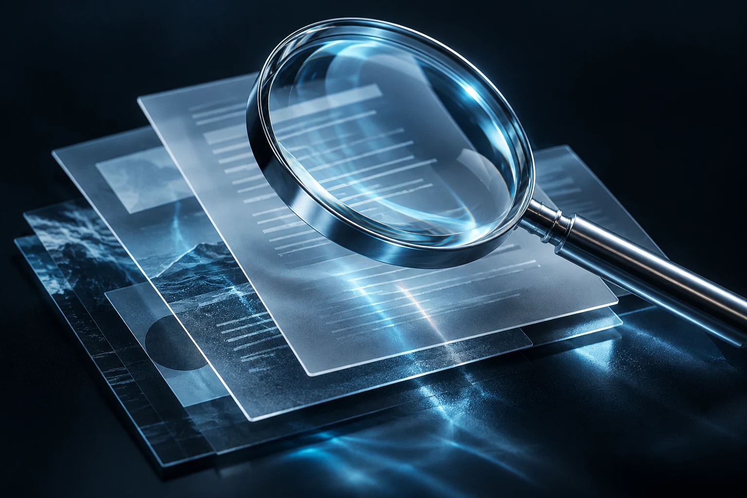 A glass magnifying lens suspended above translucent documents, an illustration of examining information